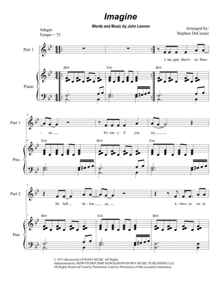 Imagine For 2 Part Choir Sheet Music