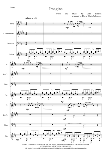 Free Sheet Music Imagine For Flute Clarinet Bassoon And Guitar