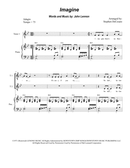 Imagine For Vocal Trio Ttb Sheet Music