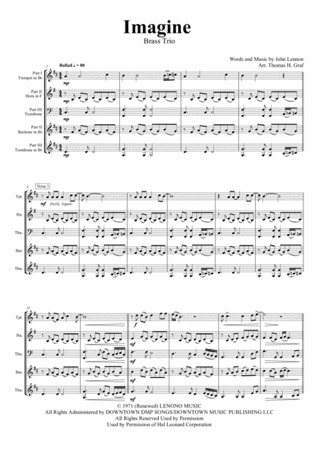 Free Sheet Music Imagine John Lennons Classic Brass Trio