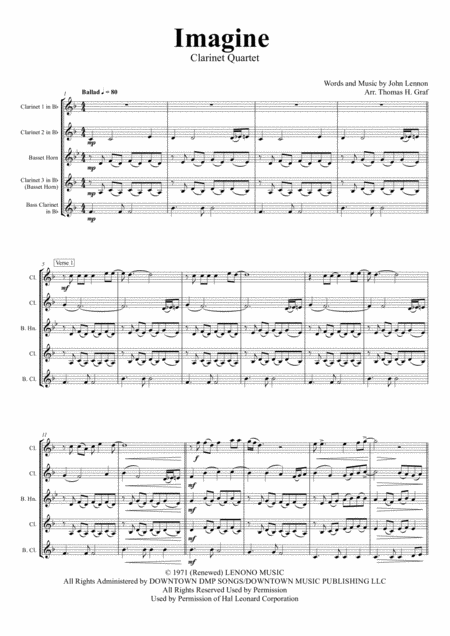 Free Sheet Music Imagine John Lennons Classic Clarinet Quartet