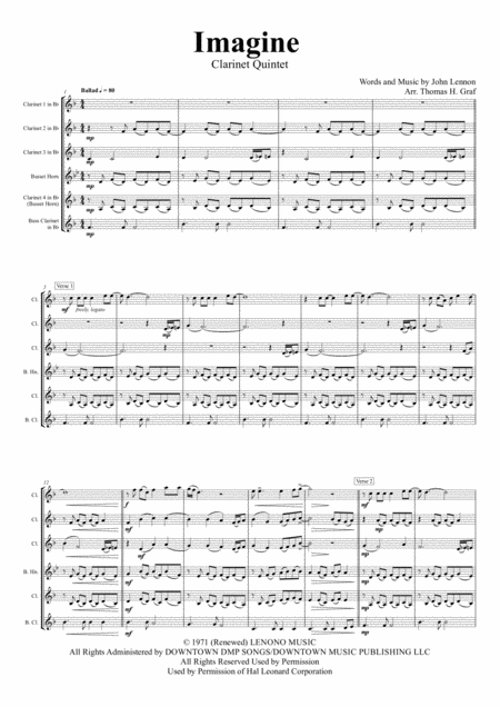 Imagine John Lennons Classic Clarinet Quintet Sheet Music