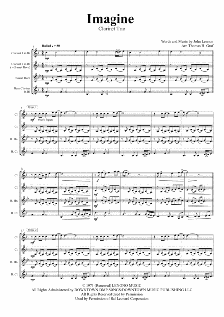 Imagine John Lennons Classic Clarinet Trio Sheet Music