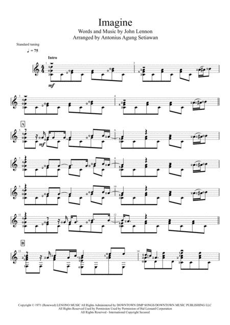 Imagine Solo Guitar Score Sheet Music