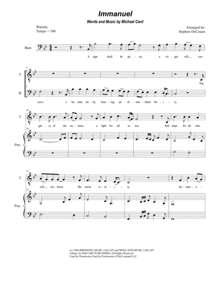 Free Sheet Music Immanuel For 2 Part Choir Tb