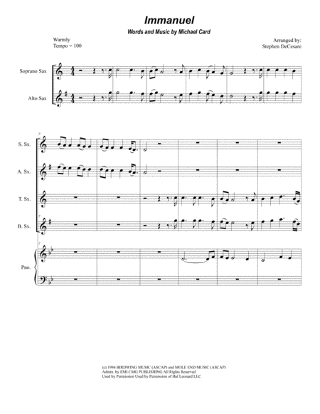 Immanuel For Saxophone Quartet Sheet Music