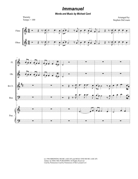 Free Sheet Music Immanuel For Woodwind Quartet