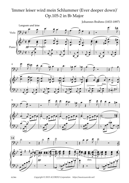 Free Sheet Music Immer Leiser Wird Mein Schlummer Ever Deeper Down Op 105 2 In B Flat Major For Viola Piano