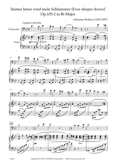 Immer Leiser Wird Mein Schlummer Ever Deeper Down Op 105 2 In B Flat Major For Violoncello Piano Sheet Music