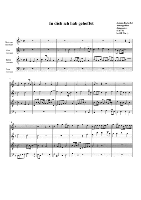 In Dich Ich Hab Gehoffet Arrangement For 4 Recorders Sheet Music