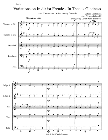 Free Sheet Music In Dir Ist Freude In Thee Is Gladness For Brass Quintet