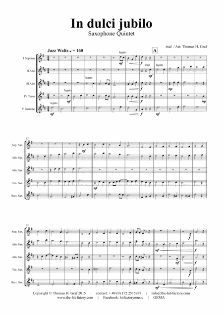 In Dulci Jubilo Christmas Song Jazz Waltz Saxophone Quintet Sheet Music