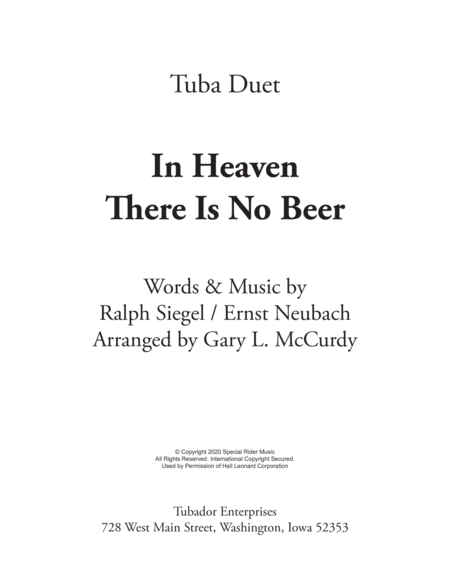 In Heaven There Is No Beer Tuba Duet Sheet Music