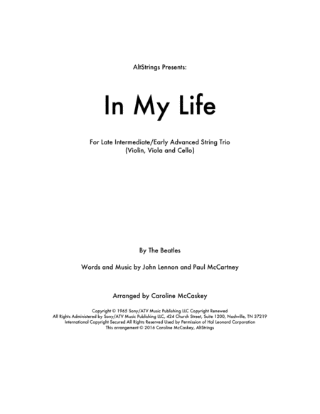Free Sheet Music In My Life String Trio Violin Viola And Cello
