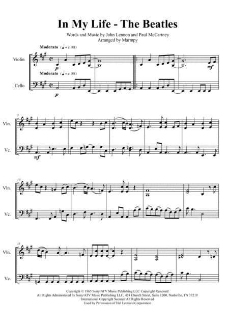 Free Sheet Music In My Life The Beatles Arranged For String Duet
