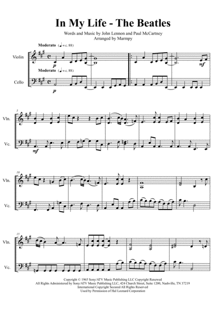 In My Life The Beatles Arranged For String Duet Sheet Music