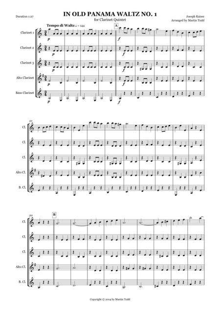 Free Sheet Music In Old Panama Waltz No 1 For Clarinet Quintet