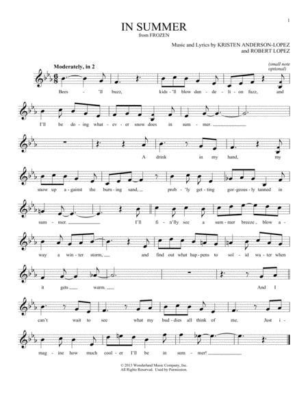 Free Sheet Music In Summer From Frozen