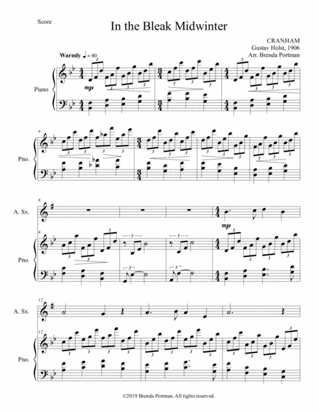 Free Sheet Music In The Bleak Midwinter Alto Sax Piano Arr Brenda Portman