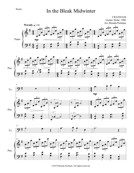 Free Sheet Music In The Bleak Midwinter Cello Piano Arr Brenda Portman