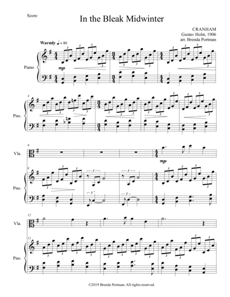 Free Sheet Music In The Bleak Midwinter Viola Piano Arr Brenda Portman