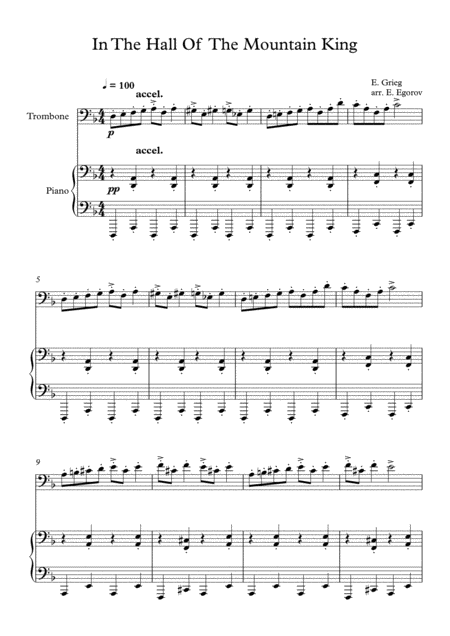 In The Hall Of The Mountain King Edvard Grieg For Trombone Piano Sheet Music