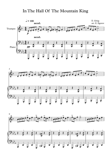 In The Hall Of The Mountain King Edvard Grieg For Trumpet Piano Sheet Music