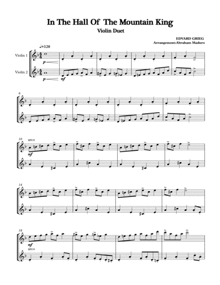 Free Sheet Music In The Hall Of The Mountain King Violin Duet