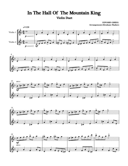 In The Hall Of The Mountain King Violin Duet Sheet Music