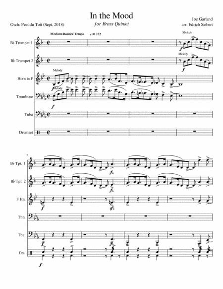 In The Mood Joe Garland Brass Quintet Percussion Sheet Music