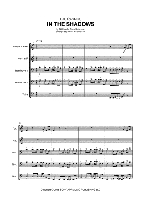 Free Sheet Music In The Shadows For Brass Quintett