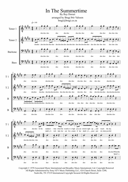 Free Sheet Music In The Summertime Ttbb A Capella