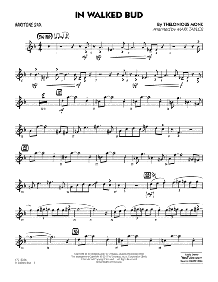 In Walked Bud Arr Mark Taylor Baritone Sax Sheet Music