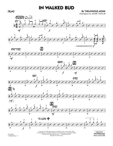 In Walked Bud Arr Mark Taylor Drums Sheet Music