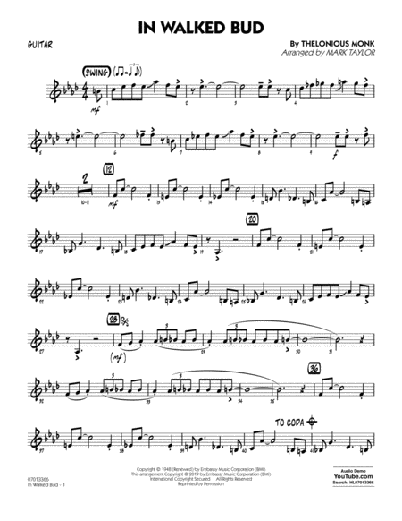 In Walked Bud Arr Mark Taylor Guitar Sheet Music