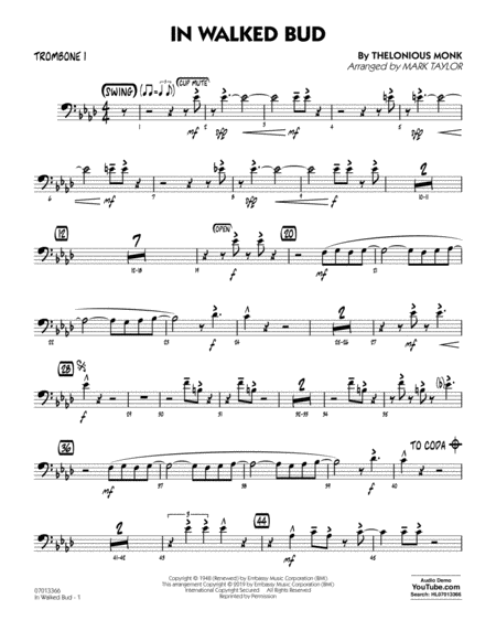 In Walked Bud Arr Mark Taylor Trombone 1 Sheet Music