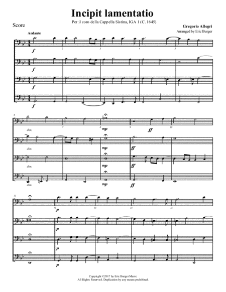 Incipit Lamentatio For Trombone Or Low Brass Quartet Sheet Music