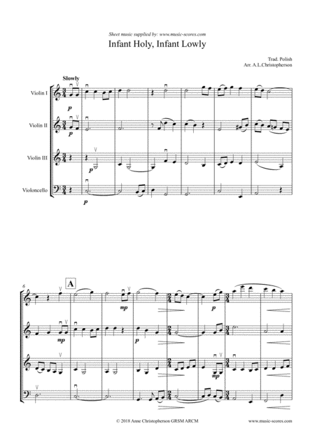 Free Sheet Music Infant Holy Infant Lowly 3 Violins And Cello