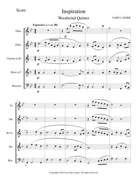 Free Sheet Music Inspiration Woodwind Quintet Score And Parts