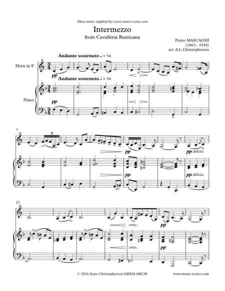 Free Sheet Music Intermezzo From Cavalleria Rusticana French Horn And Piano