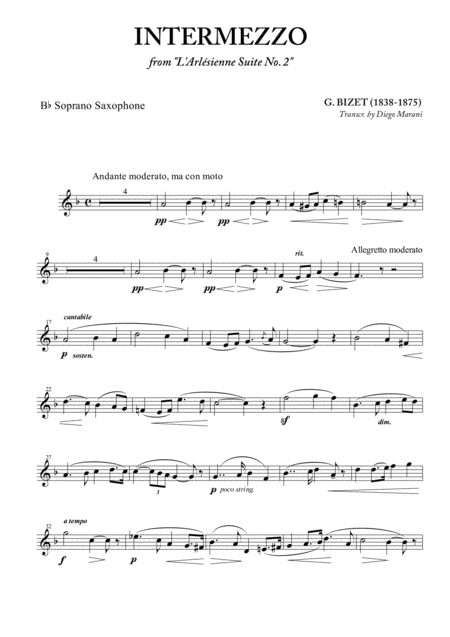 Intermezzo From L Arlesienne For Soprano Saxophone And Piano Sheet Music