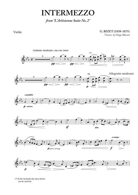 Intermezzo From L Arlesienne For Violin And Piano Sheet Music