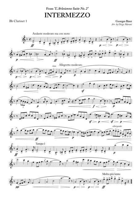 Intermezzo From L Arlesienne Suite No 2 For Clarinet Quartet Sheet Music