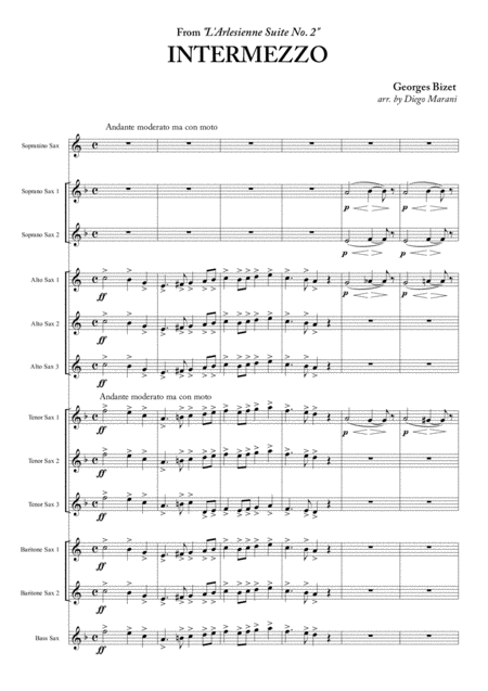 Intermezzo From L Arlesienne Suite No 2 For Saxophone Ensemble Sheet Music