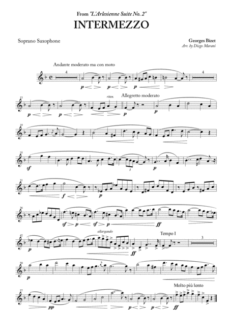 Intermezzo From L Arlesienne Suite No 2 For Saxophone Quartet Sheet Music