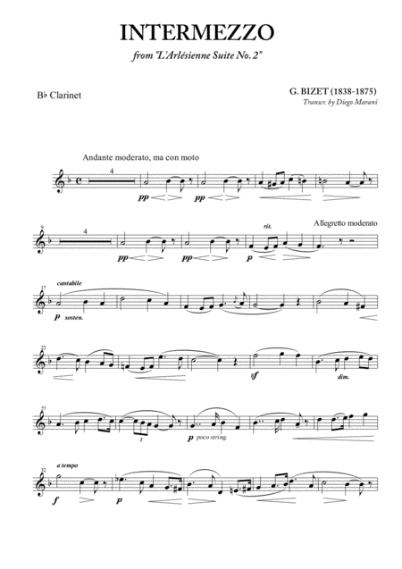 Free Sheet Music Intermezzo From L Arlsienne For Clarinet And Piano