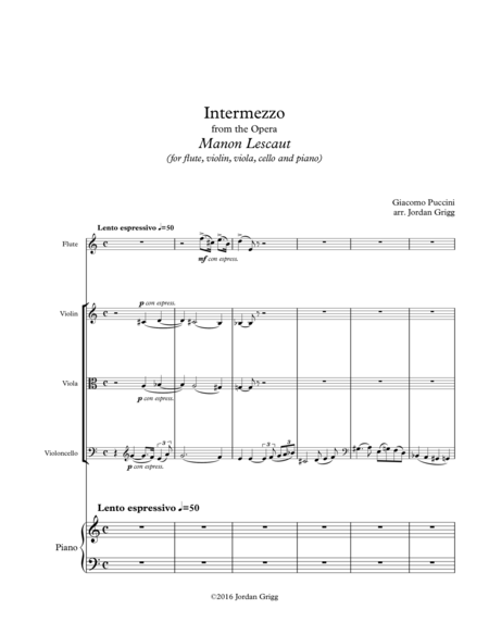 Intermezzo From The Opera Manon Lescaut For Flute Violin Viola Cello And Piano Sheet Music