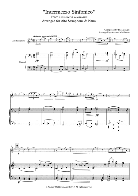 Intermezzo Sinfonico From Cavalleria Rusticana Arranged For Alto Saxophone Piano Sheet Music