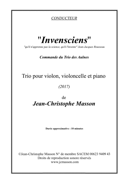 Invensciens Trio For Piano Violin And Cello Score And Parts Command Of Trio Des Aulnes Jcm 2017 Sheet Music