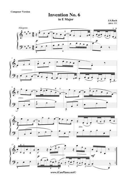 Invention 6 In E Bwv 777 Js Bach Icanpiano Style Sheet Music